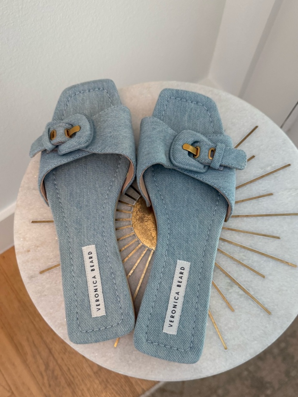 Veronica Beard Denim Buckle Slide Mules in Light Blue